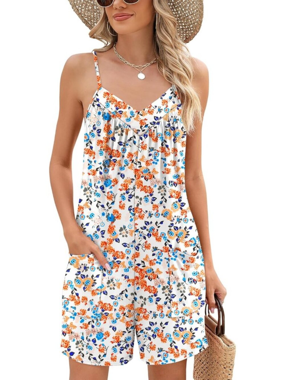 Womens 01-blue Polyester Casual Sleeveless Adjustable Strap Loose Shorts Rompers